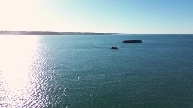 Aerial Drone View of WW2 Mulberry Harbour in Asnelles on a Sunny Day