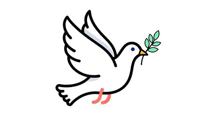 Obraz premium A simple cartoon drawing of a white dove in flight, carrying a green olive branch in its beak, symbolizing peace and hope.