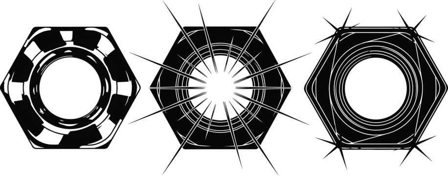 Set of Industrial Steel Hex Nut Icons in Black and White Silhouette for Mechanical Engineering, Hardware Store and Repair Design.