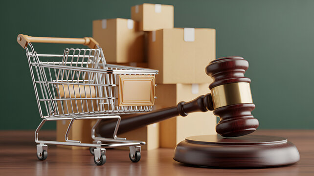 E commerce shopping cart with cardboard boxes and judge gavel on wooden desk for online shopping and auction concept