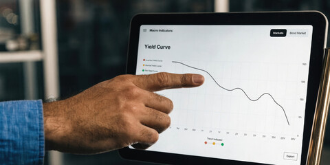 Yield curve chart on tablet with hand pointing, financial trend insight and analysis