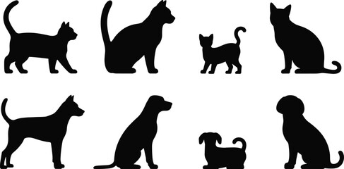 PrintCat and dog silhouettes, animal posture variations, pet illustration collection, feline canine design, domestic animals, motion study, pet art concept © MDKAZOL