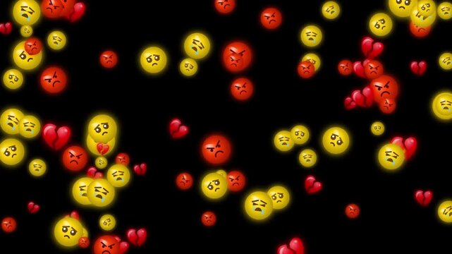 3D Glossy Negative Emoji Reactions Overlay, Angry, Cry and Broken Heart Loop, Social Media Dislike and Sadness Concept, Negative Emotion Emojis Floating on Black Background