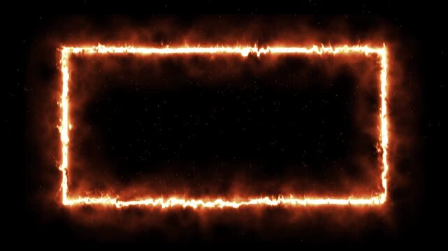 Burning fire frame with orange smoke and hot red flames creates a blazing inferno design with burning ashes on a black background for a motion texture 