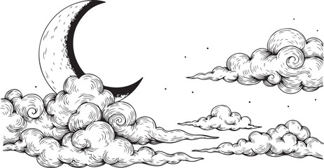 A black and white drawing of a crescent moon and clouds © Adiba