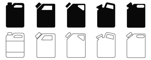 Jerrycan Fuel Container Icon Set Vector &ndash; Black Silhouette Gasoline and Diesel Canister Collection for Automotive and Energy
 Storage Design