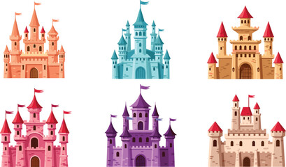 Fairy Tale Castle Collection with Colorful Medieval Palace Towers and Fantasy Kingdom Architecture Cartoon Vector Illustration Set © MstSheule