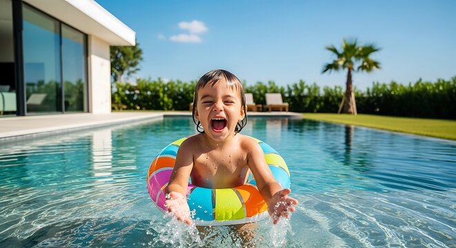 Happy young boy enjoying swimming in a luxurious pool with a colorful inflatable ring on a sunny day outdoors