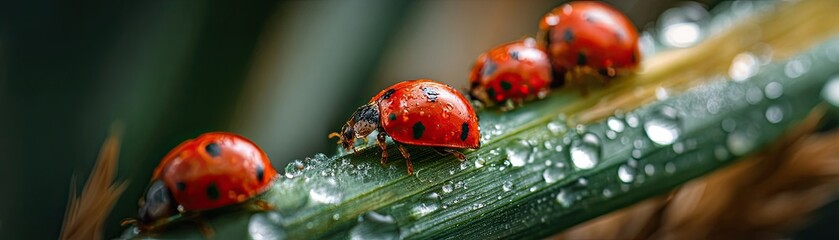 Naklejka premium Four ladybugs crawl on a water-covered green leaf, showcasing their shiny red shells with black spots in a fresh natural environment.