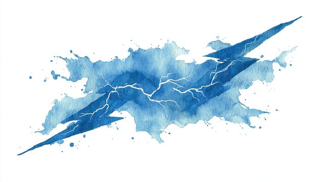 A blue watercolor painting of a lightning bolt with jagged edges and splattered paint effects on a white background.