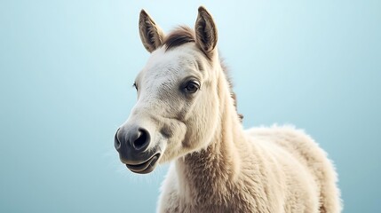 Obraz premium A beautiful white pony stands in a soft blue light studio setup