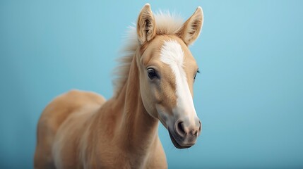 Obraz premium Beautiful brown pony horse stands on a clean blue floor in studio