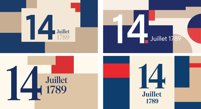 Bastille Day 14 July 1789 Typography Set with French Tricolor Elements, Modern National Holiday Poster Collection