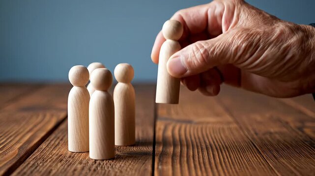 Adult hand choosing one wooden person from a group on wood