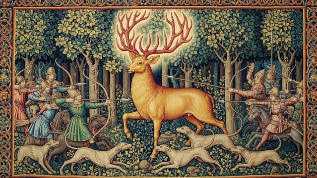 Golden Deer in the Woods: An enchanting tapestry depicts a resplendent golden deer, its antlers radiating light, amidst a lush forest scene, pursued by archers and hounds.
