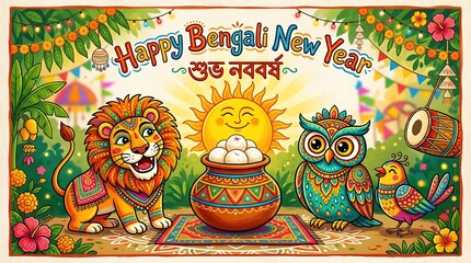 Fototapeta premium Vibrant Happy Bengali New Year Scene with Lion Owl Birds and Drum