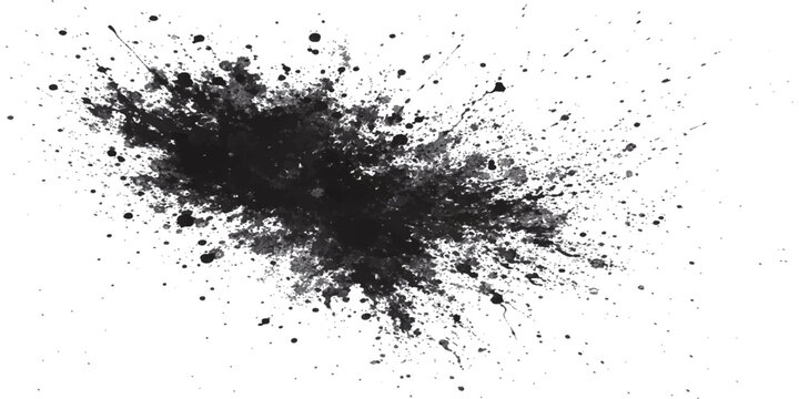 A black ink splat background featuring grunge liquid splashes and paint splatter textures as a dirty spray art element for vector design