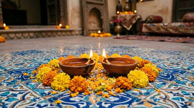 Ceremonial Oil Lamps with Marigold Flowers in Decorative Tiles