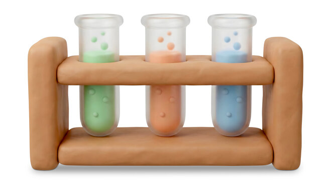 3D clay render of test tubes in a wooden rack. Lab science experiment concept. Isolated on transparent background
