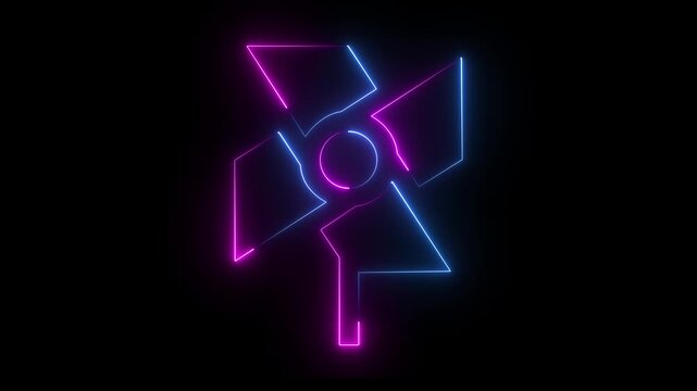Neon Pinwheel Icon Abstract Design on Black Background wind motion. Violet and blue  color animation video on black background.