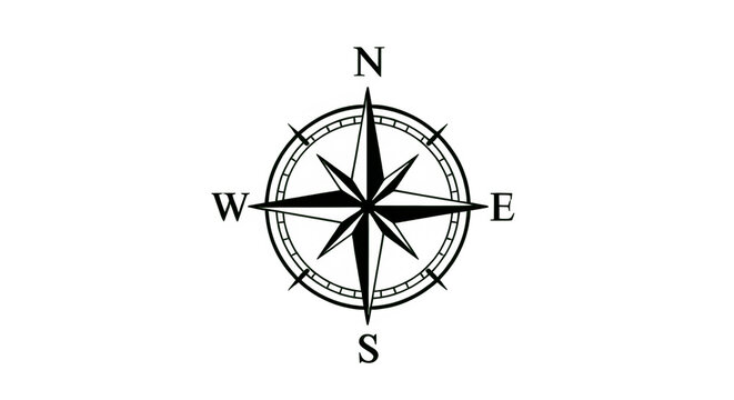 Compass rose illustration with cardinal directions.