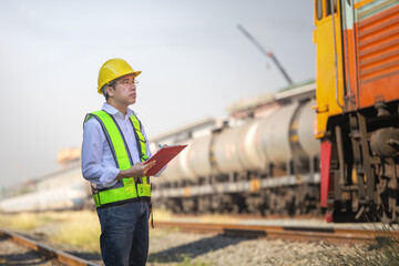 Asian railway supervisor with clipboard overseeing freight train operations, Logistics engineer inspecting oil tank wagons at railway terminal, Technician recording data at train maintenance yard