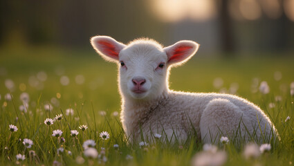 Fototapeta premium Sunset’s Fleece: A High-Fidelity Cinematic Portrait of a White Lamb Resting Amidst Spring Daisies Under a Radiant Golden Glow.