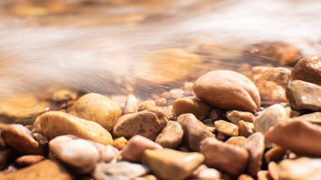 Smooth river stones jostled by fast-flowing clear water in a shallow stream. travel magazines, destination branding, designed for travel destination branding, used by sales representatives.