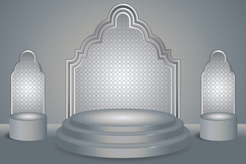 Elegant 3d podium set with triple Islamic archesand geometric pattern background for product display