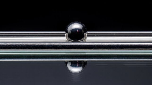 Minimalist scientific composition featuring a solitary mercury droplet moving across smooth glass with crisp reflections.laboratory posters, designed for chemistry demonstrations and safety education.