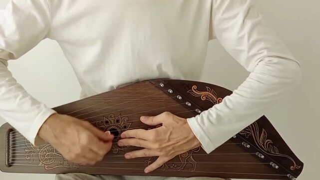 Traditional musical instrument, gusli. Playing a musical instrument.