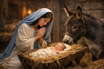Naklejka premium Virgin Mary praying beside newborn Jesus in manger with donkey in warm stable light