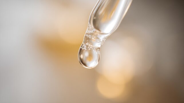 Minimalist studio composition of a crystal-clear droplet falling from a laboratory-style glass dropper against a clean background. bar promotions, designed for packaging concepts