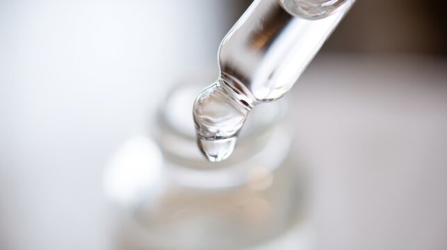 Macro view of a clear liquid drop suspended from a glass dropper in controlled studio light, emphasizing purity and simplicity.packaging mockups, designed for bar campaigns and product showcases.