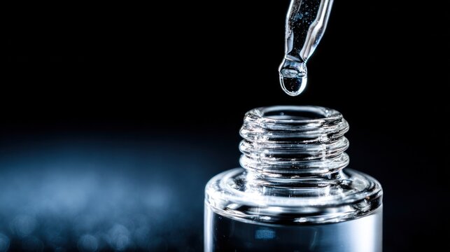 Single transparent droplet descending from a glass pipette under studio lighting with a minimalist clean backdrop. bar promotions, beverage menus