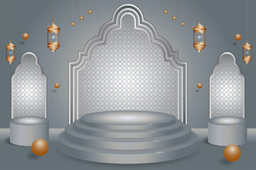 Luxury 3d podium with silver Islamic arches and golden lanterns for Ramadan, Eid, or premium product display stage.
