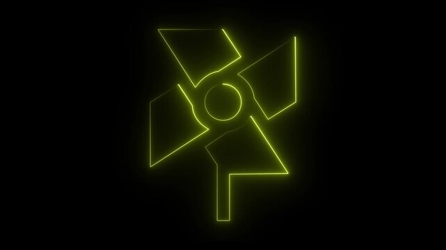 Neon Pinwheel Icon Abstract Design on Black Background wind motion. Yellow  color animation video on black background.