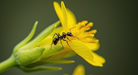 Naklejka premium A black ant on a vibrant yellow flower. Close-up of insect on blossom