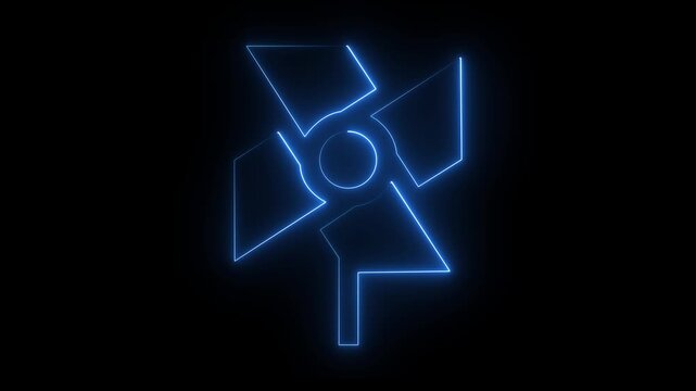 Neon Pinwheel Icon Abstract Design on Black Background wind motion. Blue  color animation video on black background.