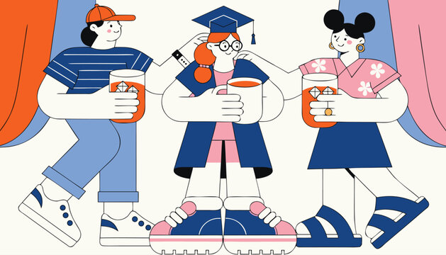 Parents congratulating daughter in graduation gown, convocation party in university