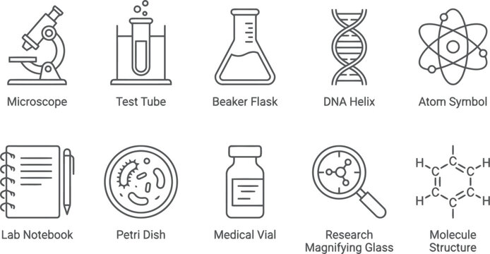 Collection of scientific research and laboratory equipment line icons with labels on white