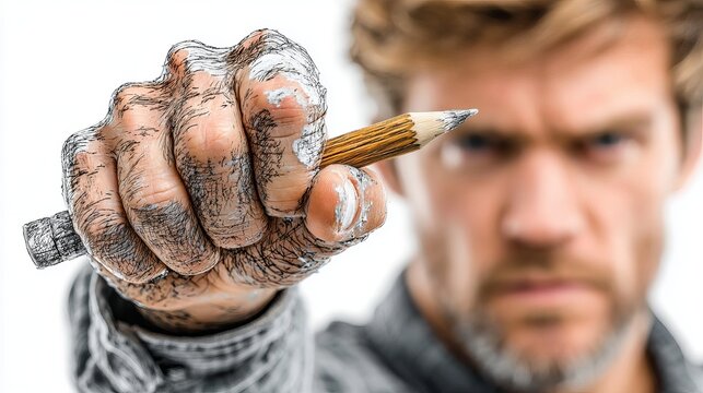 A powerful, close-up portrait of a man with dirt-streaked hands and a determined expression, holding a small, worn-down pencil stub toward the camera against a clean white background.