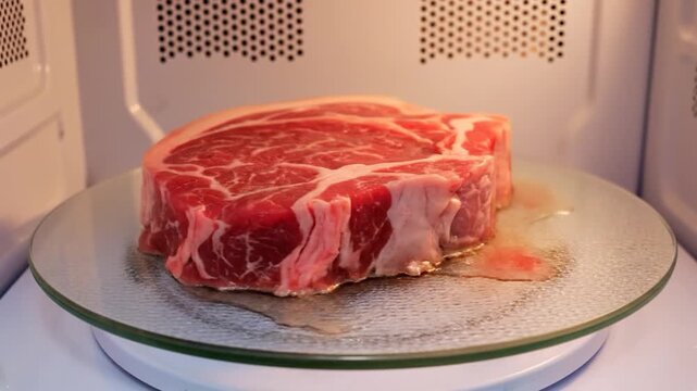 A thick cut of raw red meat sits on a glass plate inside a microwave oven