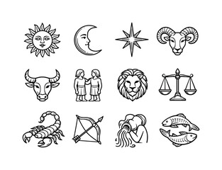 Obraz premium Spring and seasonal outline icon collection featuring sun, moon and decorative elements