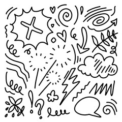 Set of cute pen line doodle element vector. Hand drawn doodle collection of stars, sparkle, heart, flower, scribble, arrows.
