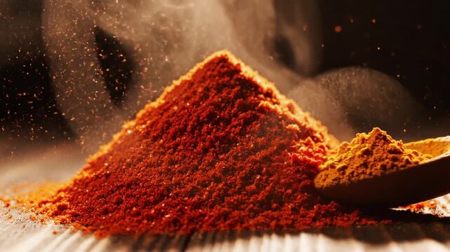 Pile of Red Chili Powder with Smoke on Wooden Surface