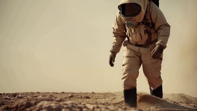 A bomb disposal technician in a heavy protective suit carefully examines a landmine in a dirt field showcasing the tension and precision of explosive ordnance disposal operations.