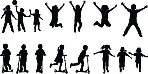 Fototapeta premium Silhouettes of active children jumping, playing ball, riding scooters, and running, representing childhood fun, outdoor recreation, diverse kids group, and energy