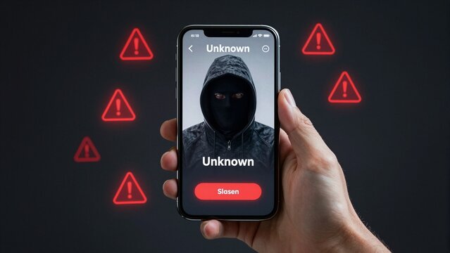 Hand holding smartphone displaying an unknown caller with a masked hacker hologram, surrounded by red warning signs indicating a fraudulent call.