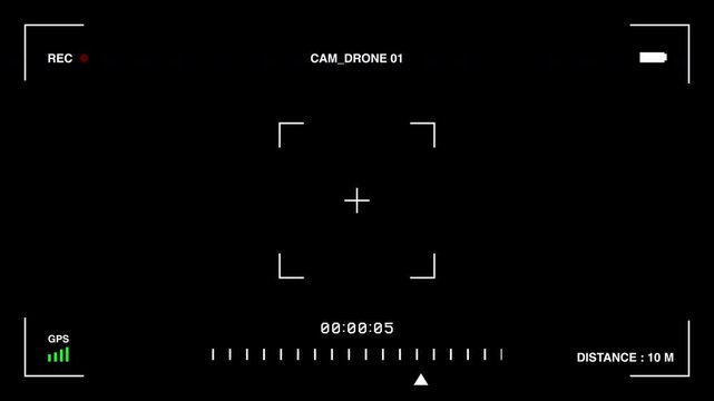 Drone camera interface hud overlay with recording indicators and gps data, perfect for cinematic flight simulations or surveillance-style video projects. 4k video